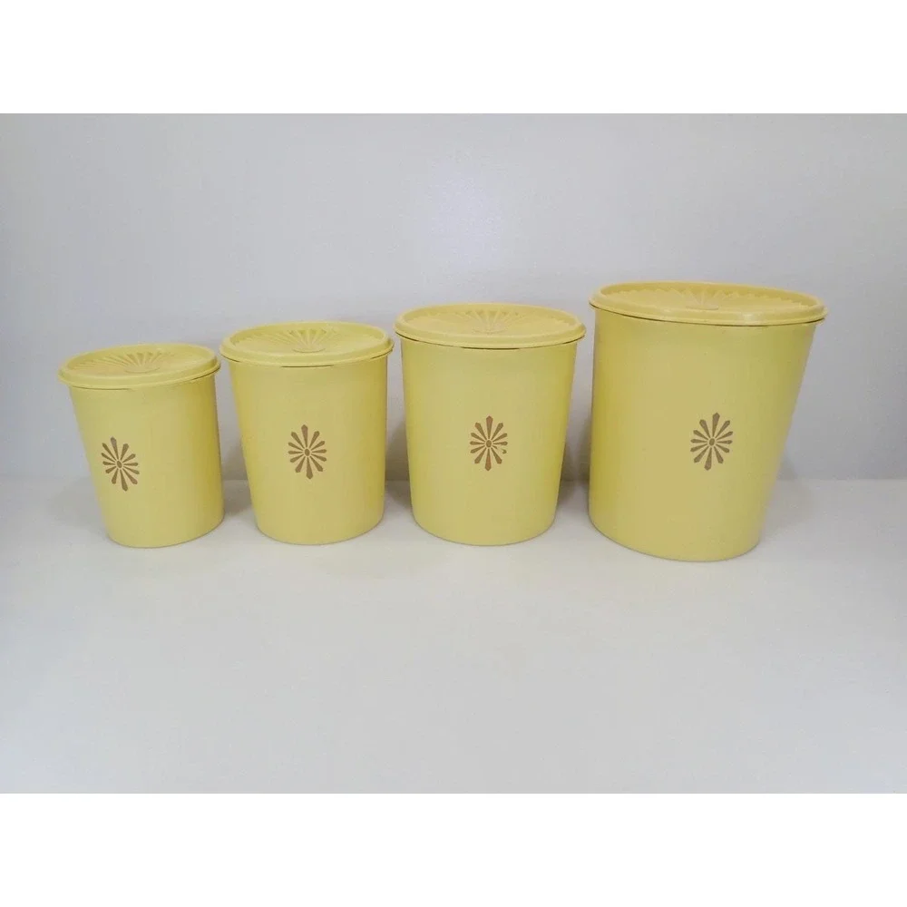Vintage Tupperware Yellow Servalier Nesting Canister Set 4 Sunburst Starburst Li